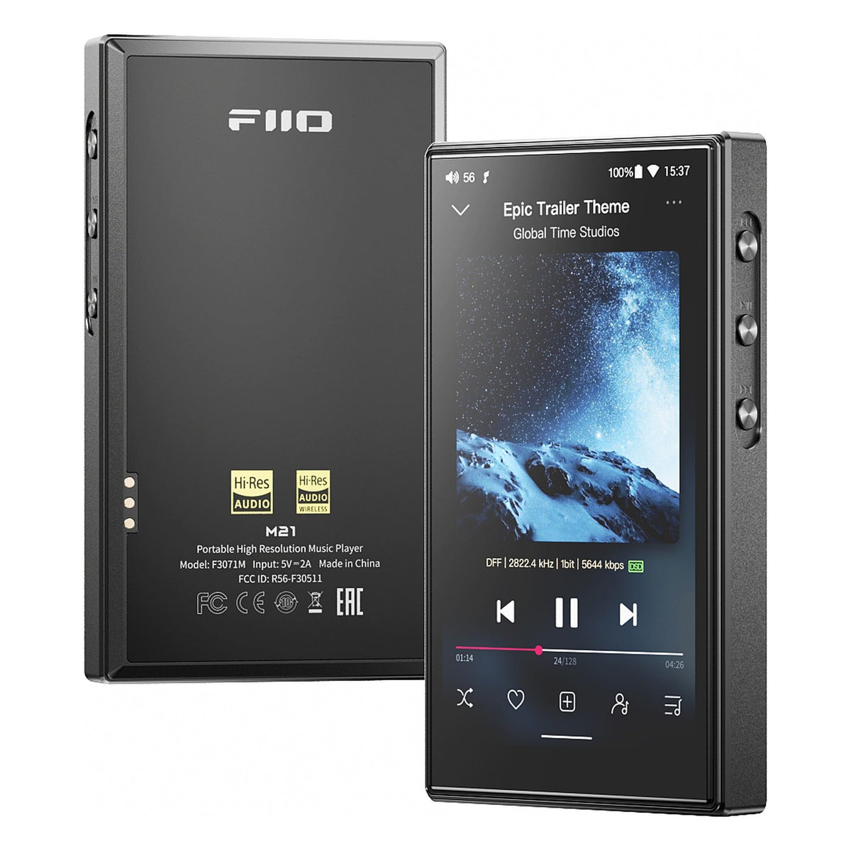 FiiO M21 portable music player, in black, front and back view