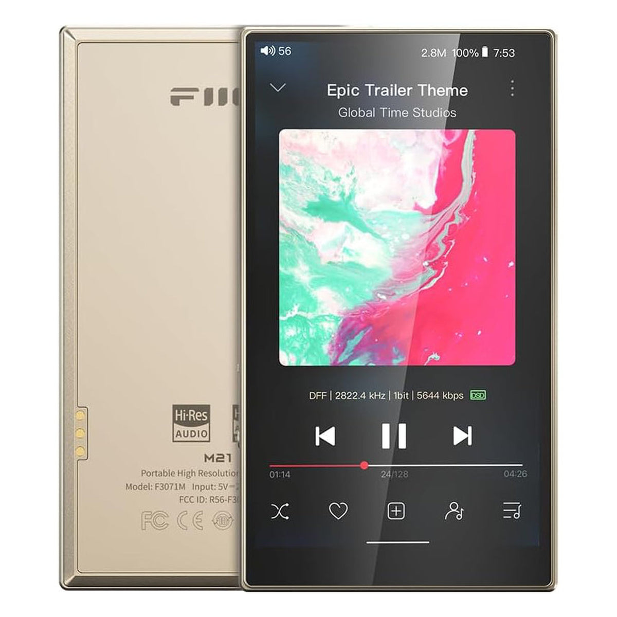FiiO M21 portable music player, in gold, front and back view