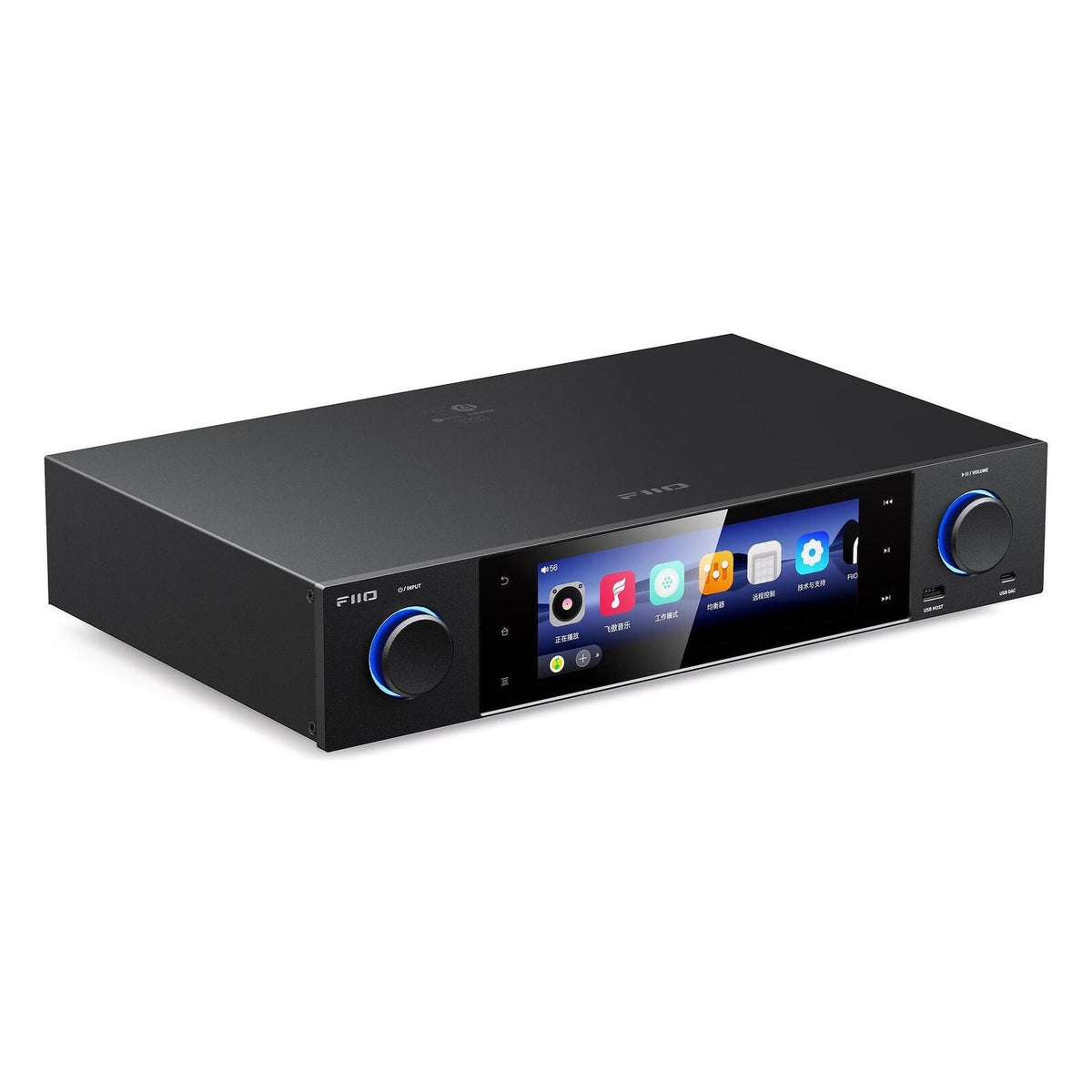 FiiO S15 music streamer with sleek black design and front display, showcasing its compact and modern audio streaming features.