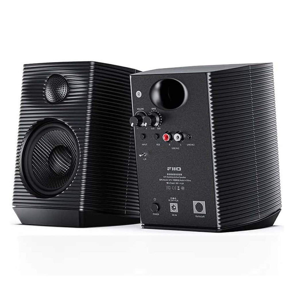 FiiO SP3 BT desktop speakers with sleek design, featuring two speaker units and Bluetooth connectivity for high-quality audio.