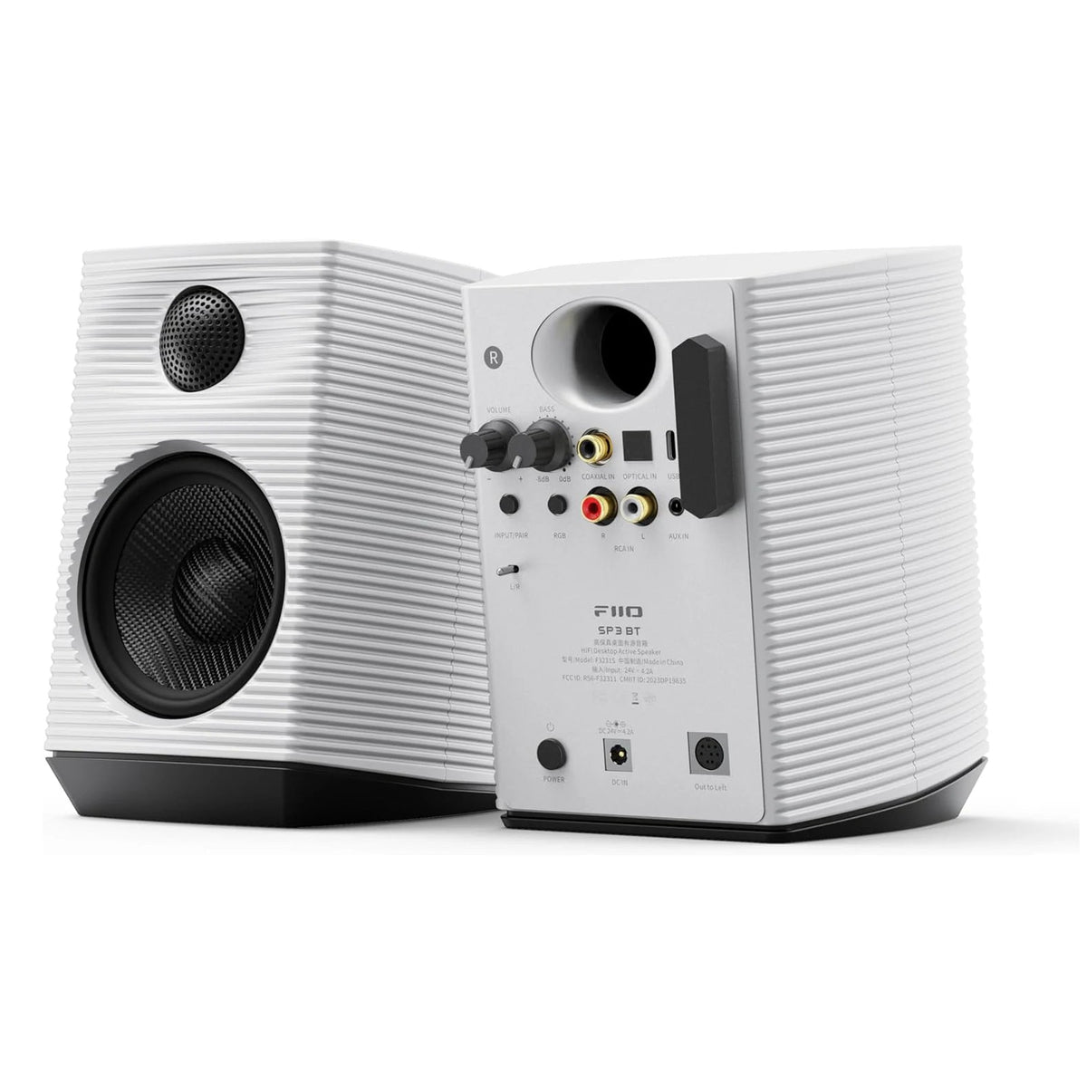 FiiO SP3 BT desktop speakers with sleek black design and compact size, featuring Bluetooth connectivity and audio output ports.