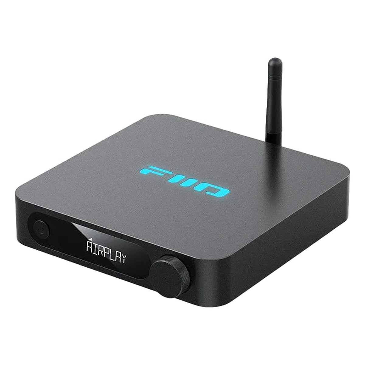 FiiO SR11 Wi-Fi AirPlay music streamer connected to audio system, compact device for high-quality wireless audio streaming.