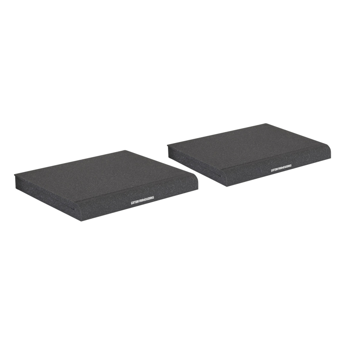 Gator Studio Monitor Isolation Pads on studio monitor stands, reducing vibrations and enhancing sound clarity during audio production.