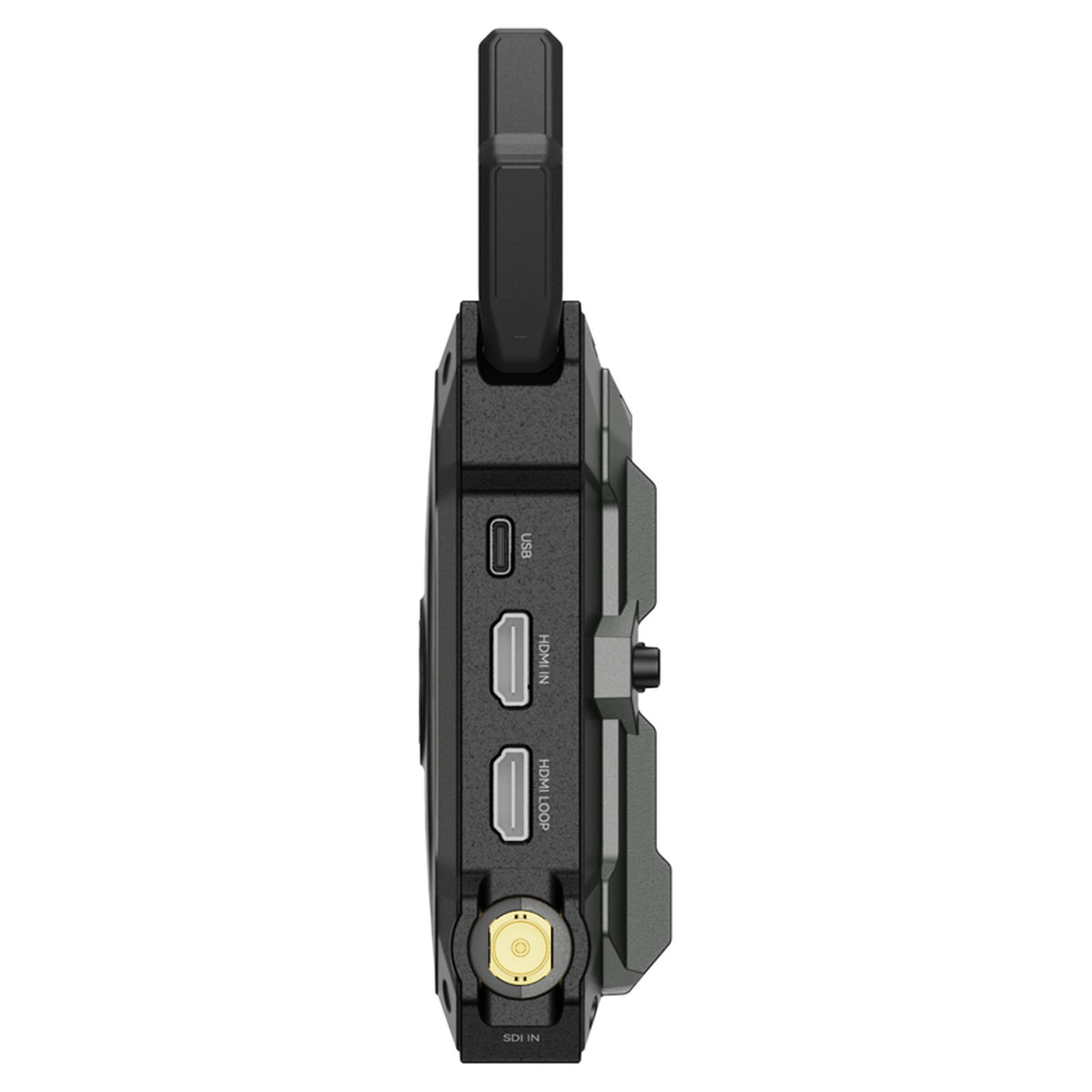 Hollyland Pyro Ultra transmitter, side view with HDMI and SDI ports