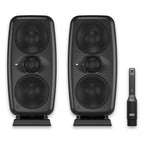 IK Multimedia iLoud MTM MK2 active nearfield monitors shown with sleek black cabinets and front-firing bass ports.