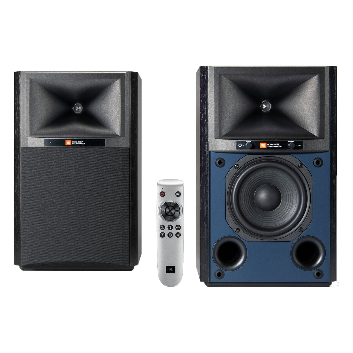 JBL 4305P active bookshelf speakers with sleek black cabinets and driver units, designed for high-quality audio listening.