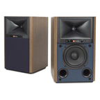 JBL 4305P active bookshelf speakers shown with sleek black finish and modern design, perfect for high-quality audio in a home setup.