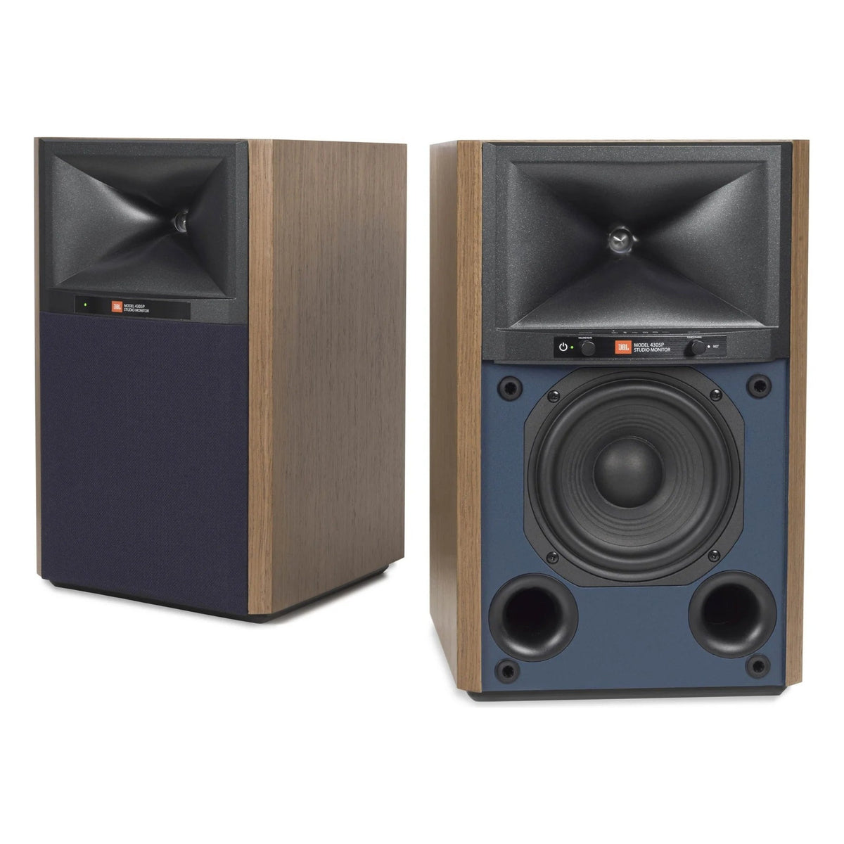 JBL 4305P active bookshelf speakers shown with sleek black finish and modern design, perfect for high-quality audio in a home setup.