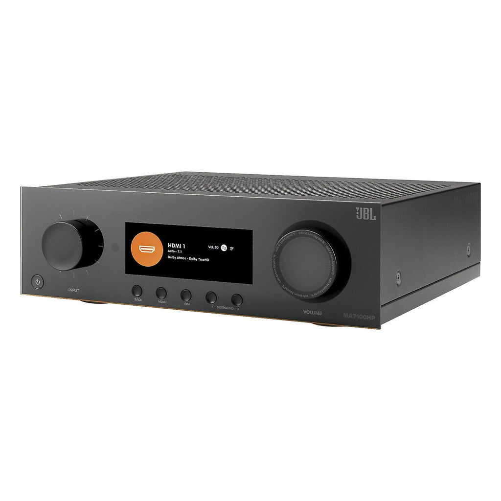 JBL MA7100HP stereo amplifier with sleek black design and control knobs, showcasing high-performance audio equipment.