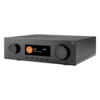 JBL MA7100HP stereo amplifier with sleek black design and control knobs, showcasing high-performance audio equipment.