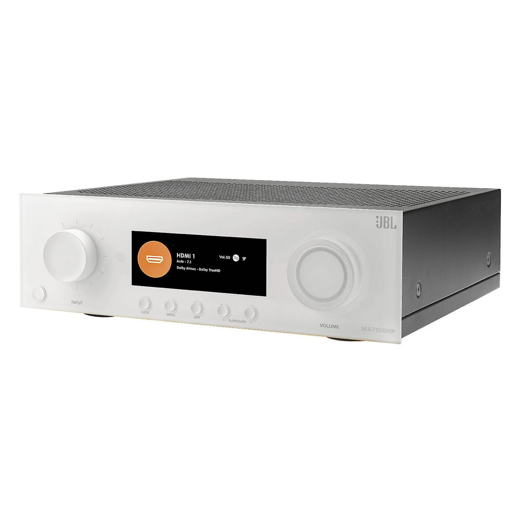 JBL MA7100HP stereo amplifier with sleek black design and control knobs, showcasing professional audio equipment.