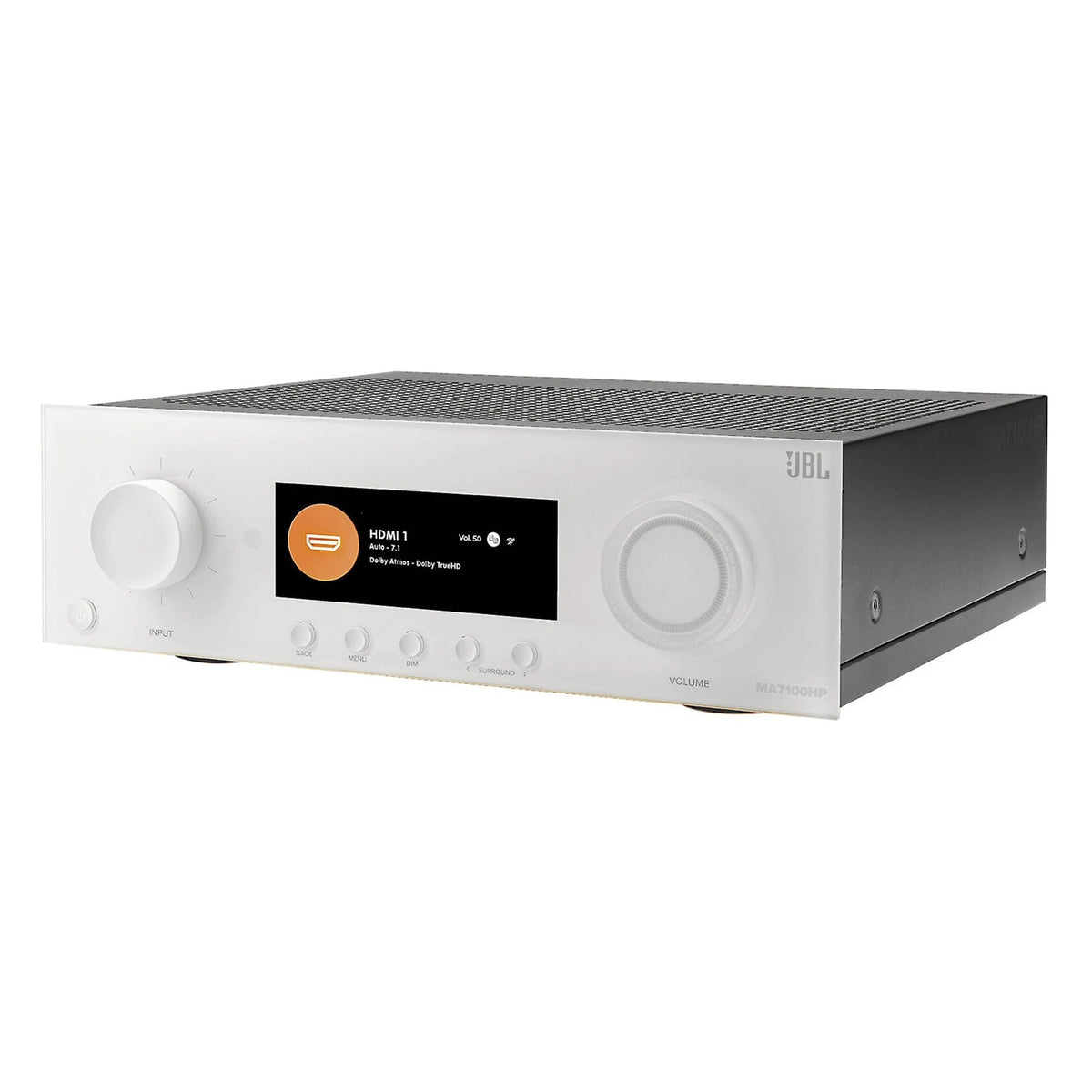 JBL MA7100HP stereo amplifier with sleek black design and control knobs, showcasing professional audio equipment.