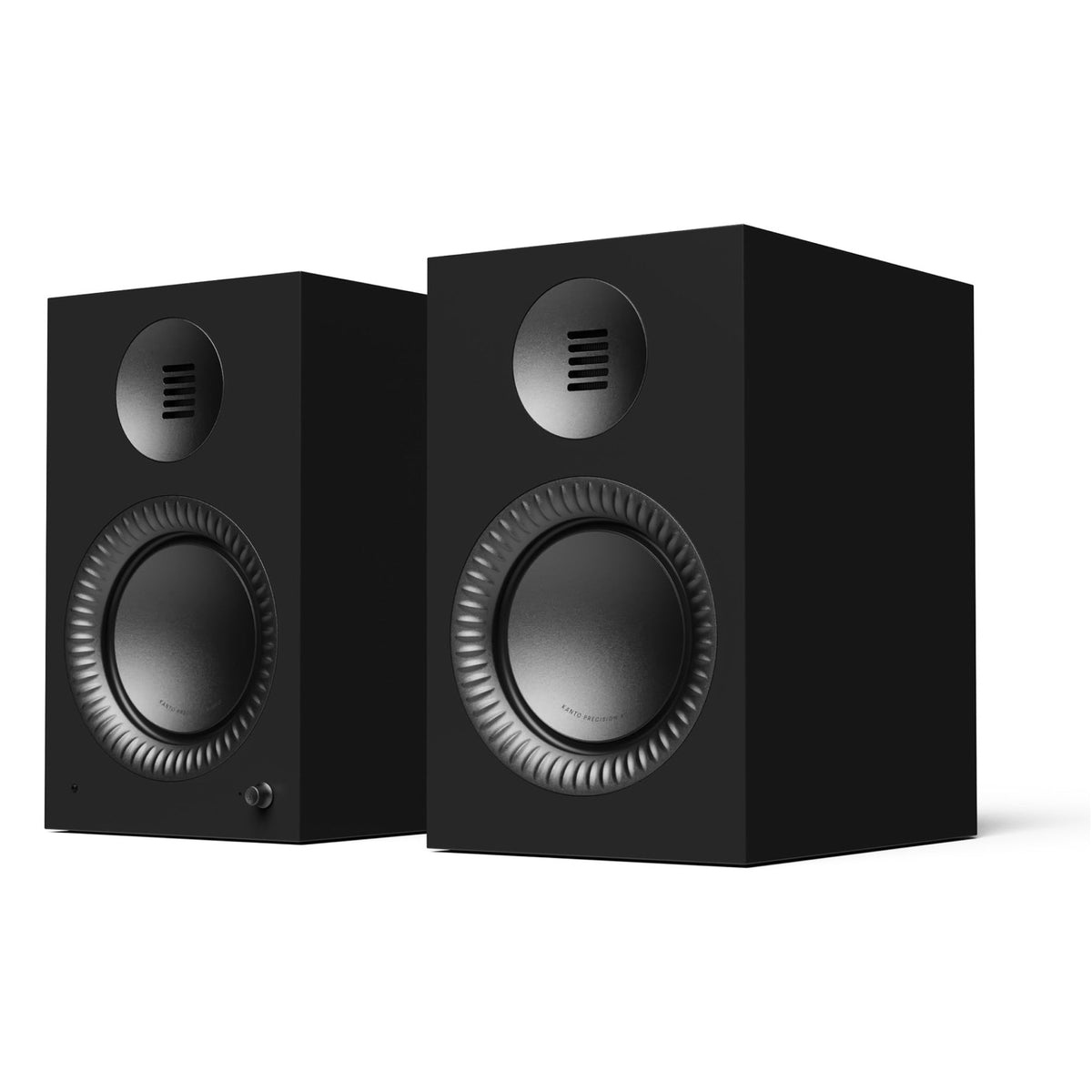 Kanto Audio TUK Grand powered speakers in Matte Black, three-quarter view of the pair