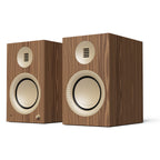 Kanto Audio TUK Grand powered speakers in Matte Walnut with rose gold waveguides, three-quarter view