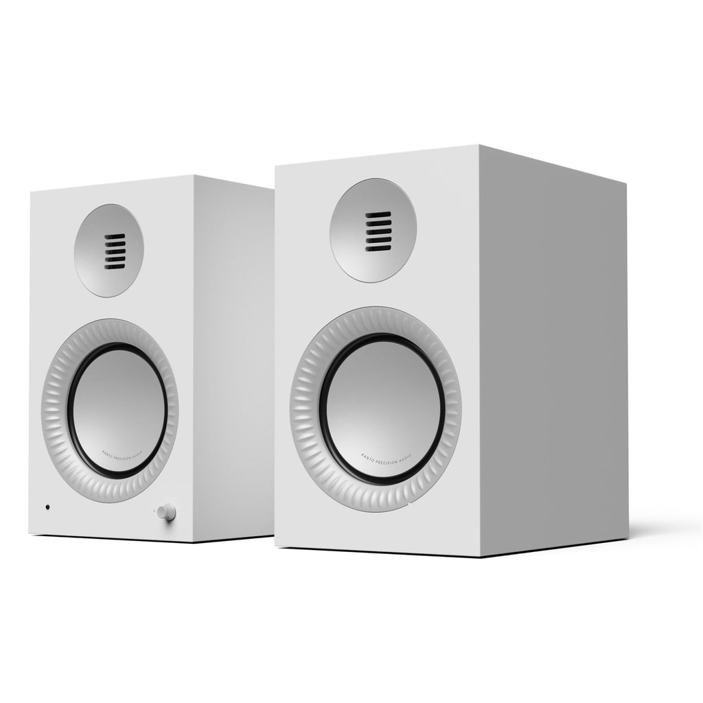 Kanto Audio TUK Grand powered speakers in Matte White with aluminum waveguides, three-quarter view