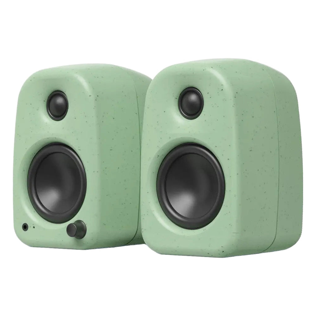 Kanto Audio UKI desktop speakers shown from front perspective, compact design with black finish and control knobs on top.