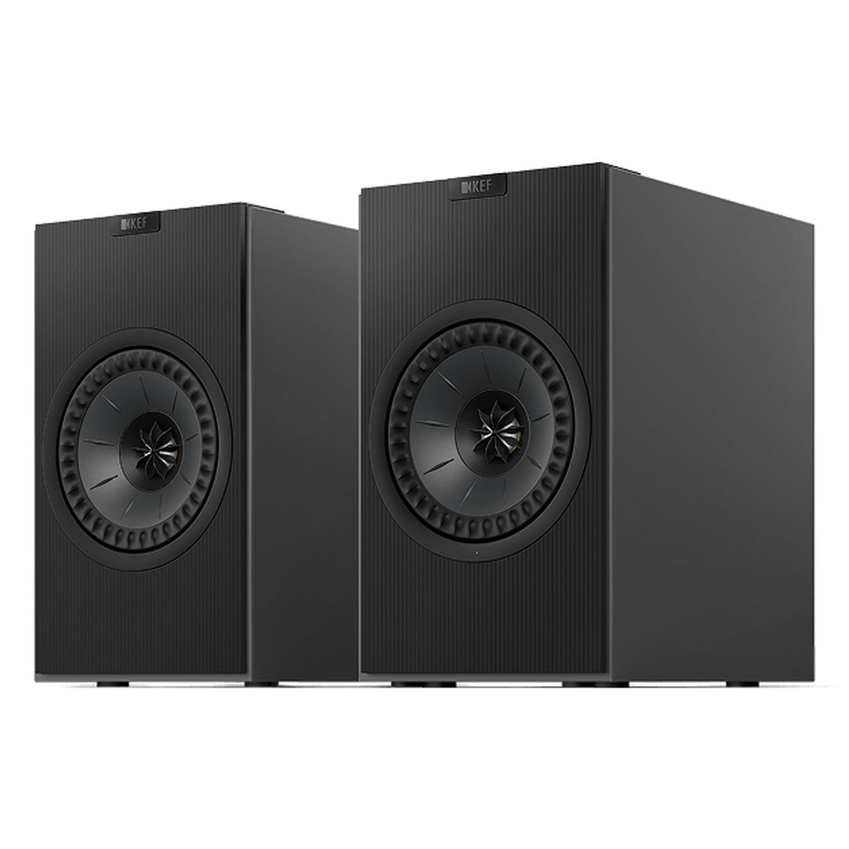 KEF Coda W active bookshelf speakers, front view.