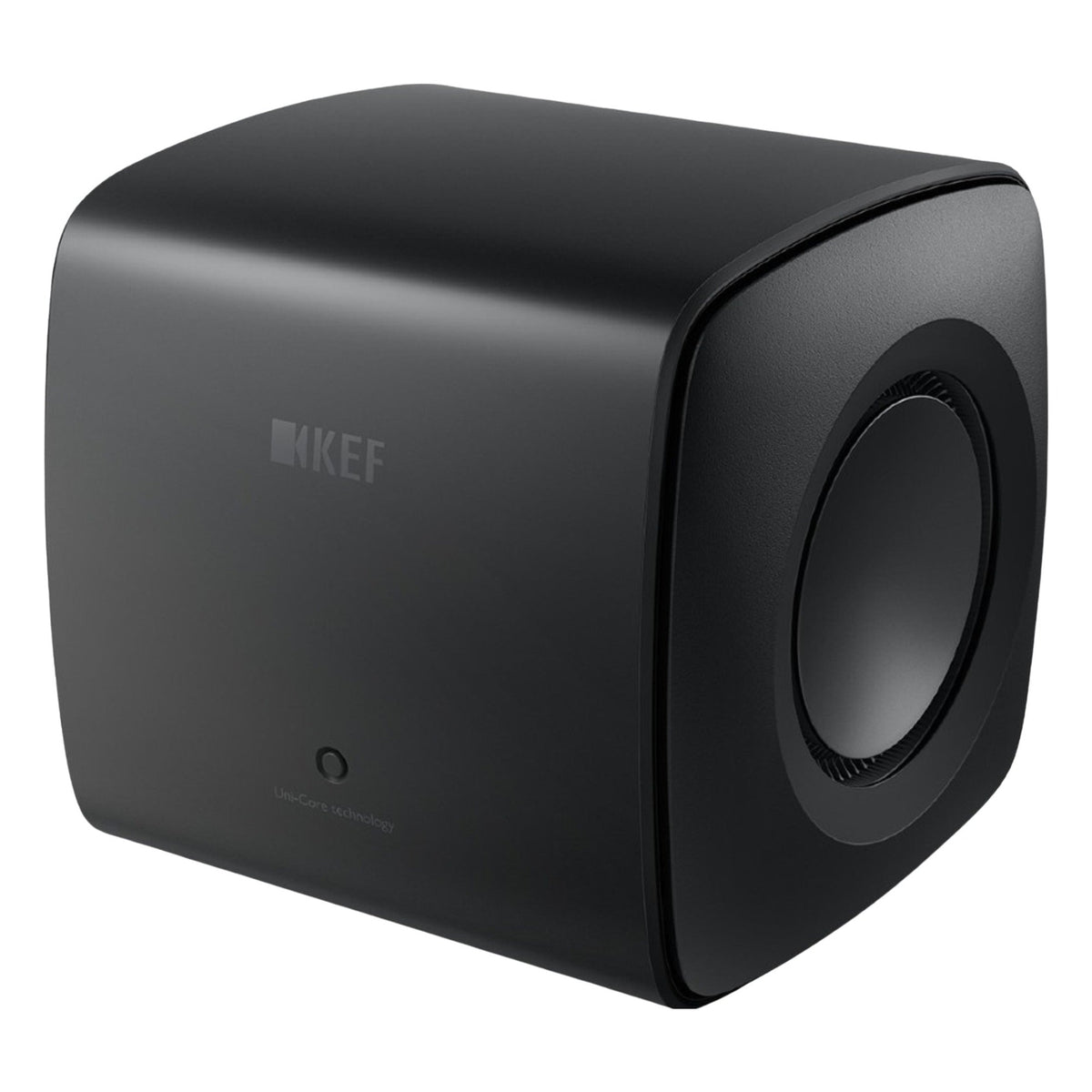 KEF KC62 subwoofer with sleek black enclosure and compact design, perfect for enhancing bass in home audio systems.