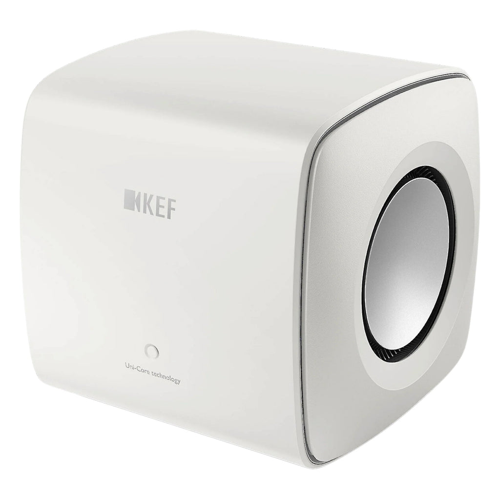 KEF KC62 subwoofer with sleek black design, compact size, and front-facing port, ideal for deep bass in home audio systems.