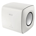 KEF KC62 subwoofer with sleek black design, compact size, and front-facing port, ideal for deep bass in home audio systems.