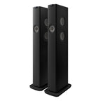 Pair of KEF LS60 Wireless floorstanding speakers showcasing sleek black design and modern audio technology.