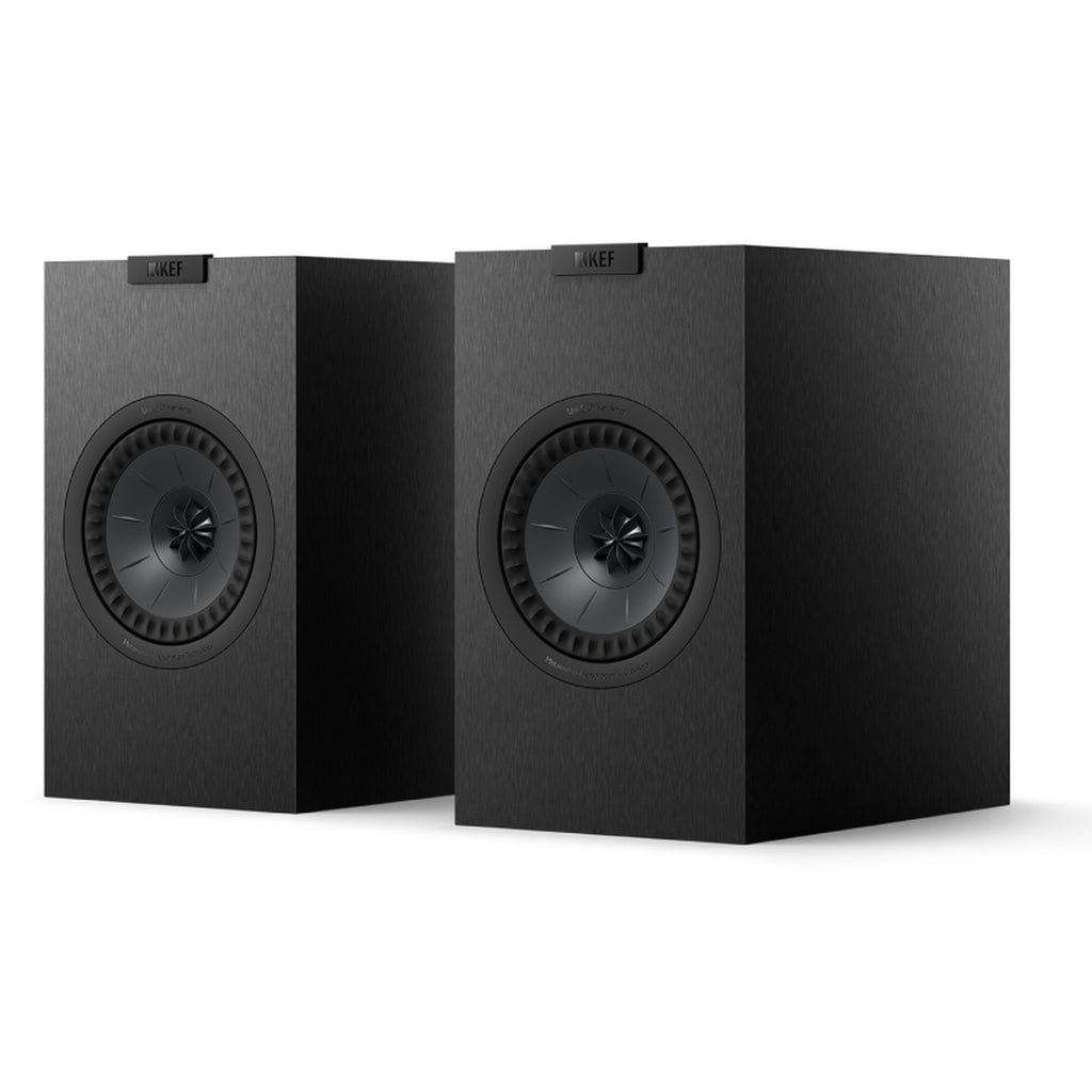 Pair of KEF Q1 Meta passive bookshelf speakers with sleek black cabinets and front-facing drivers on a white background.