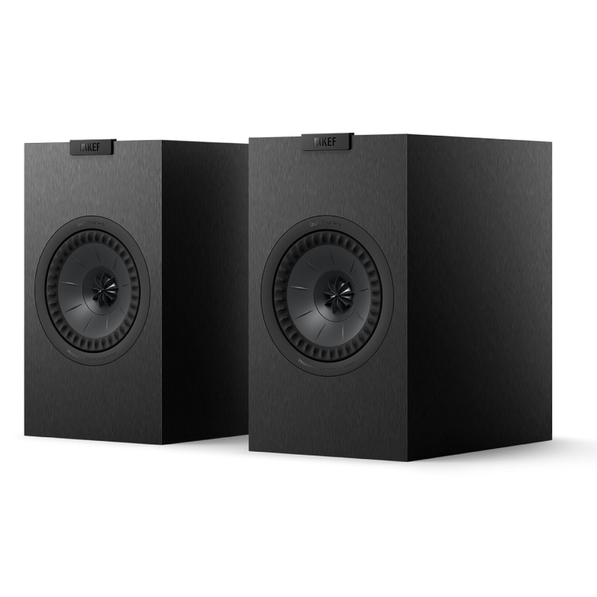 Pair of KEF Q1 Meta passive bookshelf speakers with sleek black cabinets and front-facing drivers on a white background.