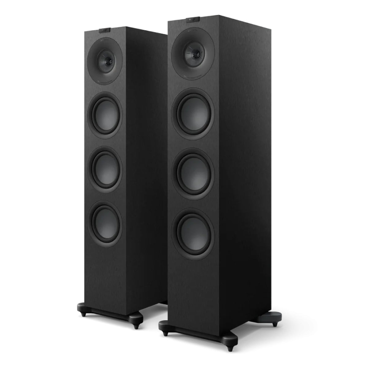 KEF Q11 Meta passive floorstanding speakers with sleek black finish and modern design, showcasing their tall, elegant speaker cabinets.