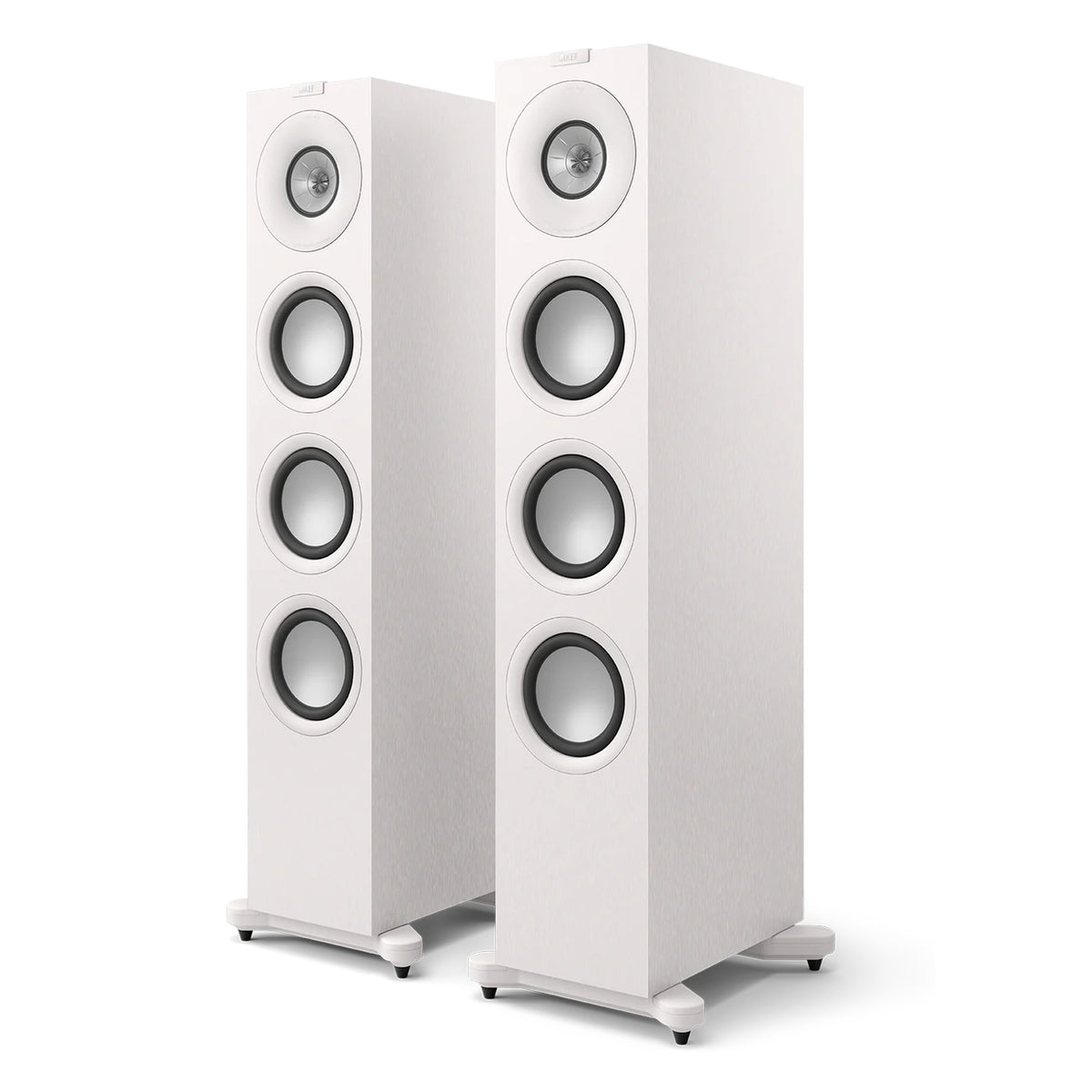 Pair of KEF Q11 Meta passive floorstanding speakers in satin white, shown from a front perspective.