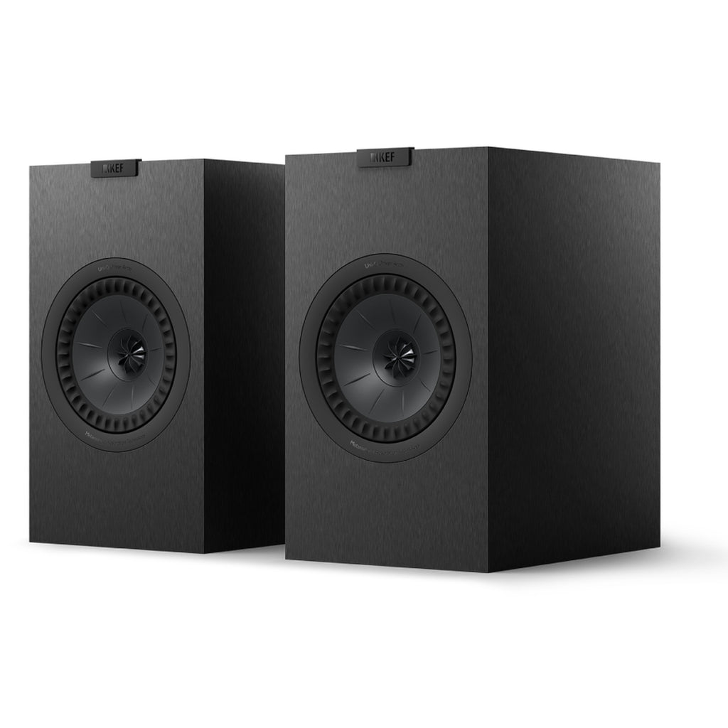 KEF Q3 Meta passive bookshelf speakers shown with sleek black cabinets and stylish design for high-quality audio.