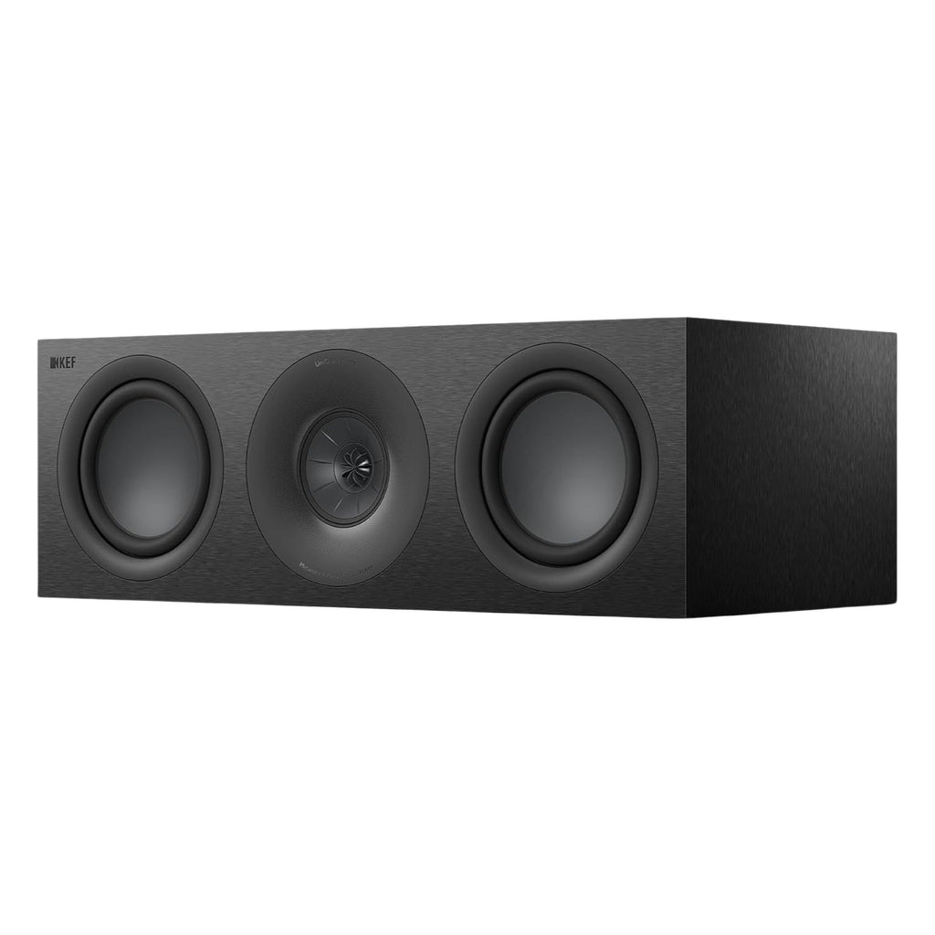 KEF Q6 Meta center speaker showing a sleek black speaker with a minimalist design and KEF branding on the front grille.