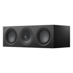 KEF Q6 Meta center speaker showing a sleek black speaker with a minimalist design and KEF branding on the front grille.