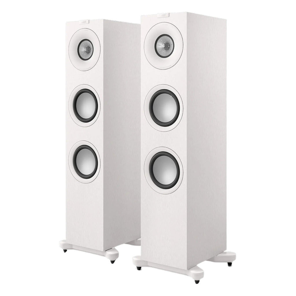 KEF Q7 Meta passive floorstanding speakers with sleek black cabinets and multiple drivers for high-quality audio.