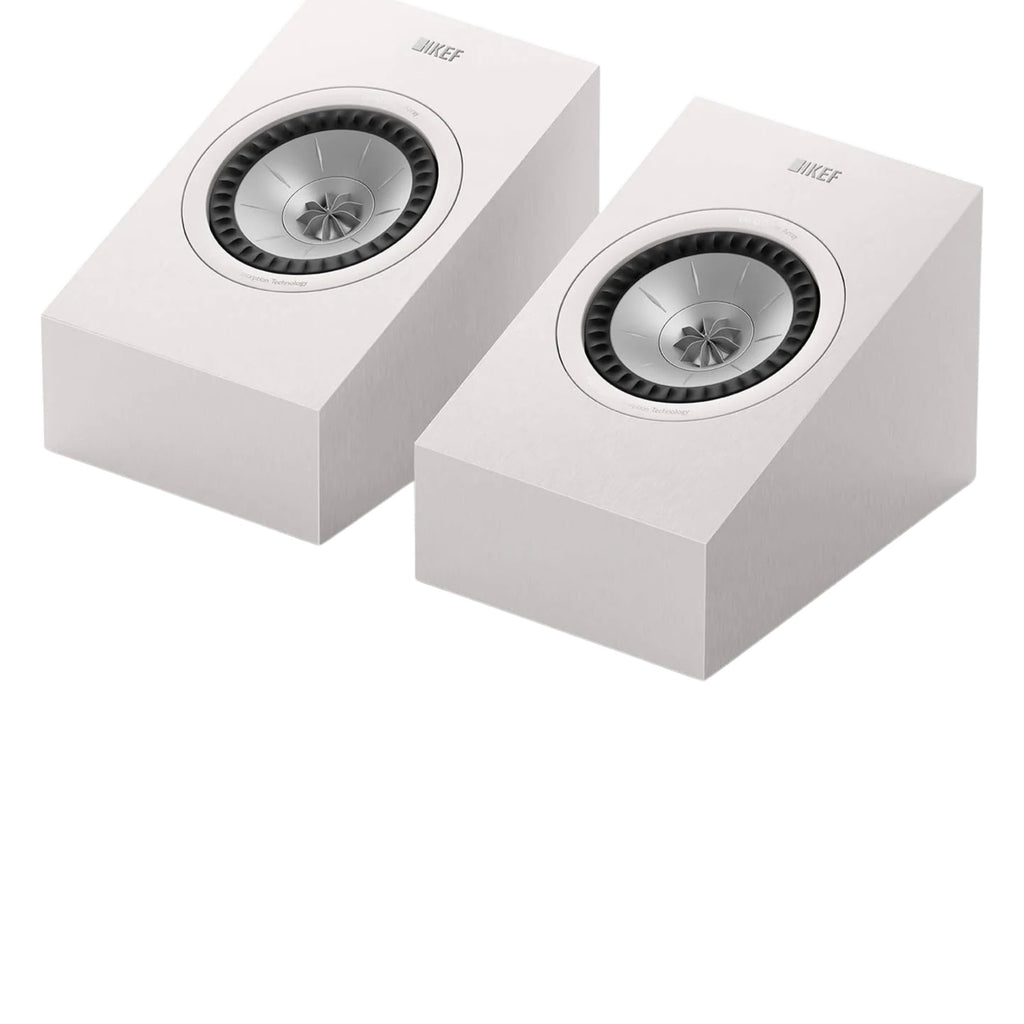 KEF Q8 Meta Dolby Atmos speakers showing sleek black design with drivers and mounting hardware for immersive audio setup.