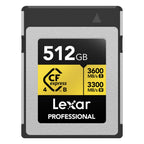Lexar CFexpress 4.0 Pro Gold memory card with R3600/W3300 speeds, designed for professional photography and videography.