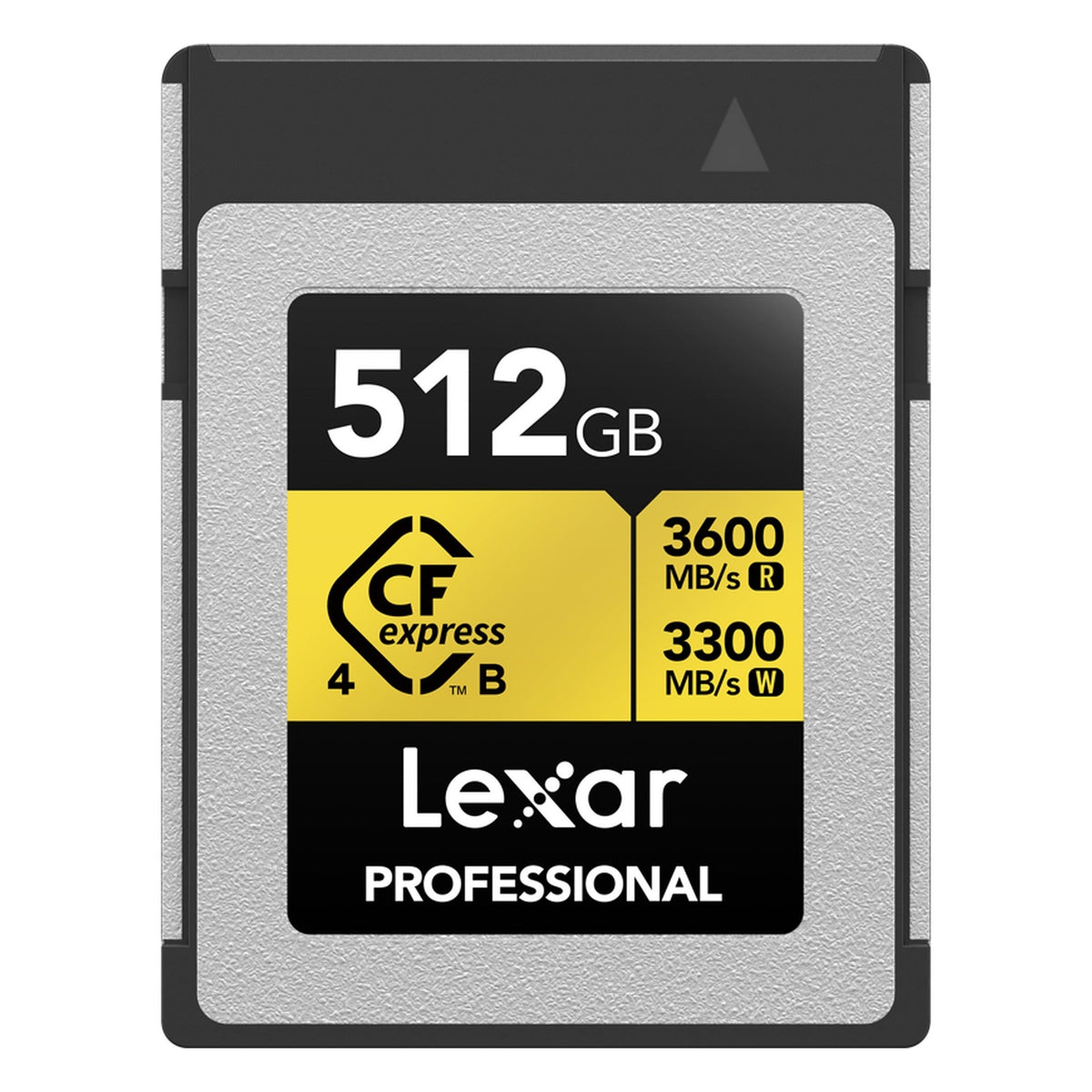 Lexar CFexpress 4.0 Pro Gold memory card with R3600/W3300 speeds, designed for professional photography and videography.