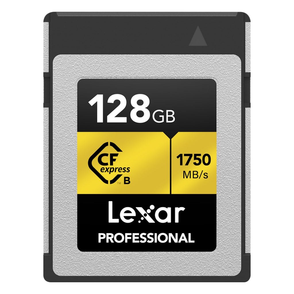 Lexar CFexpress Pro Gold memory card showcasing its gold label and capacity, designed for high-speed data storage.