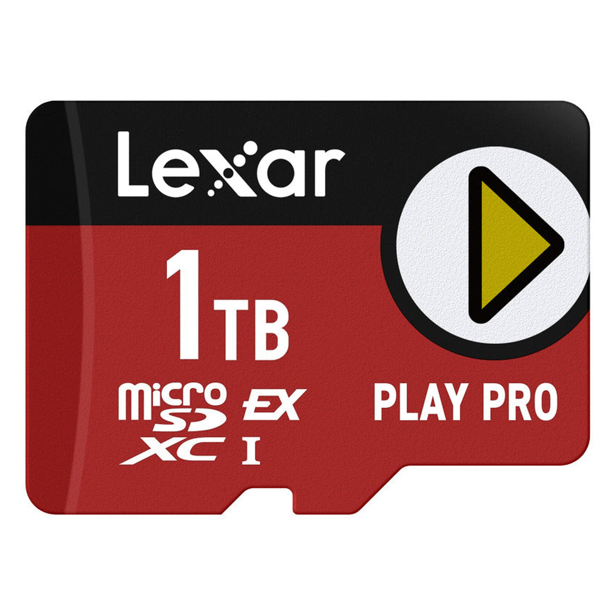 Lexar PLAY PRO microSDXC Express memory card with storage capacity and fast read/write speeds, shown in a close-up image.
