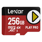 Lexar PLAY PRO microSDXC Express memory card showing the card's front with branding and storage capacity details.