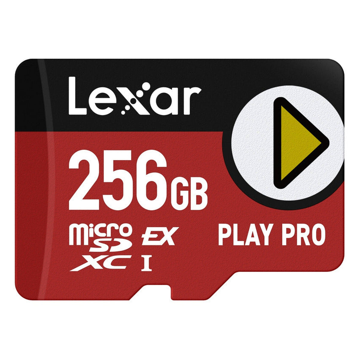 Lexar PLAY PRO microSDXC Express memory card showing the card's front with branding and storage capacity details.