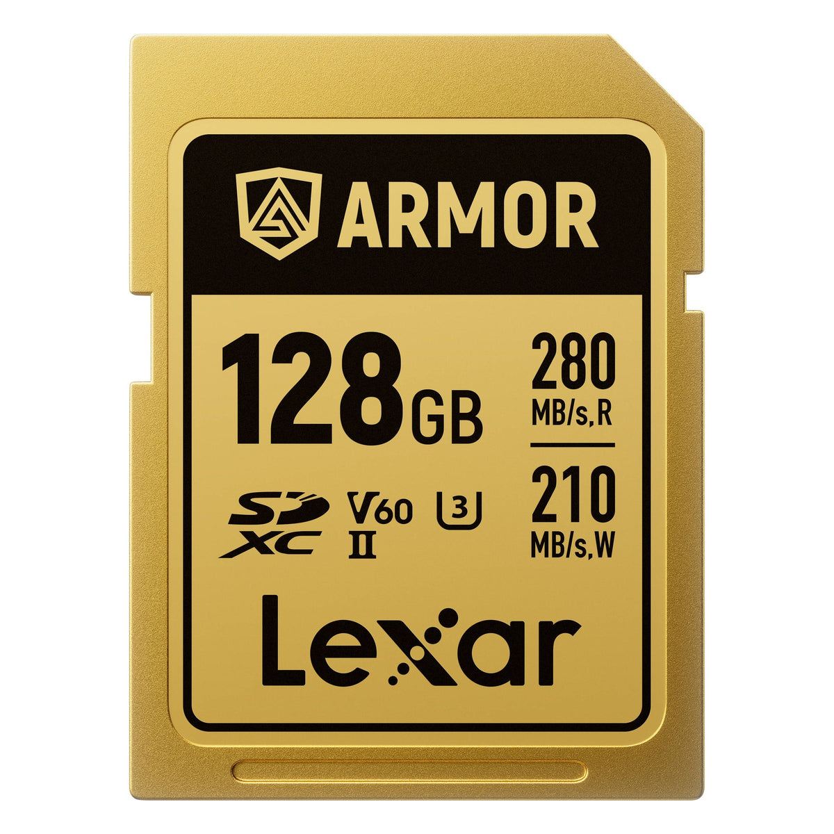 Lexar SDXC ARMOR Gold UHS-II U3, Stainless Steel, IP68 R280/W210 (V60) Memory Card, detail view.