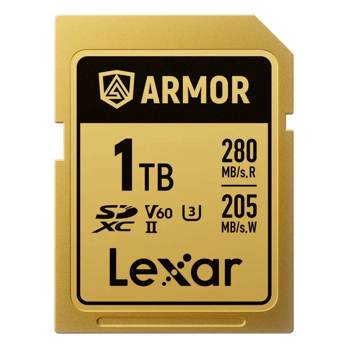 Lexar SDXC ARMOR Gold UHS-II U3, Stainless Steel, IP68 R280/W210 (V60) Memory Card, detail view.