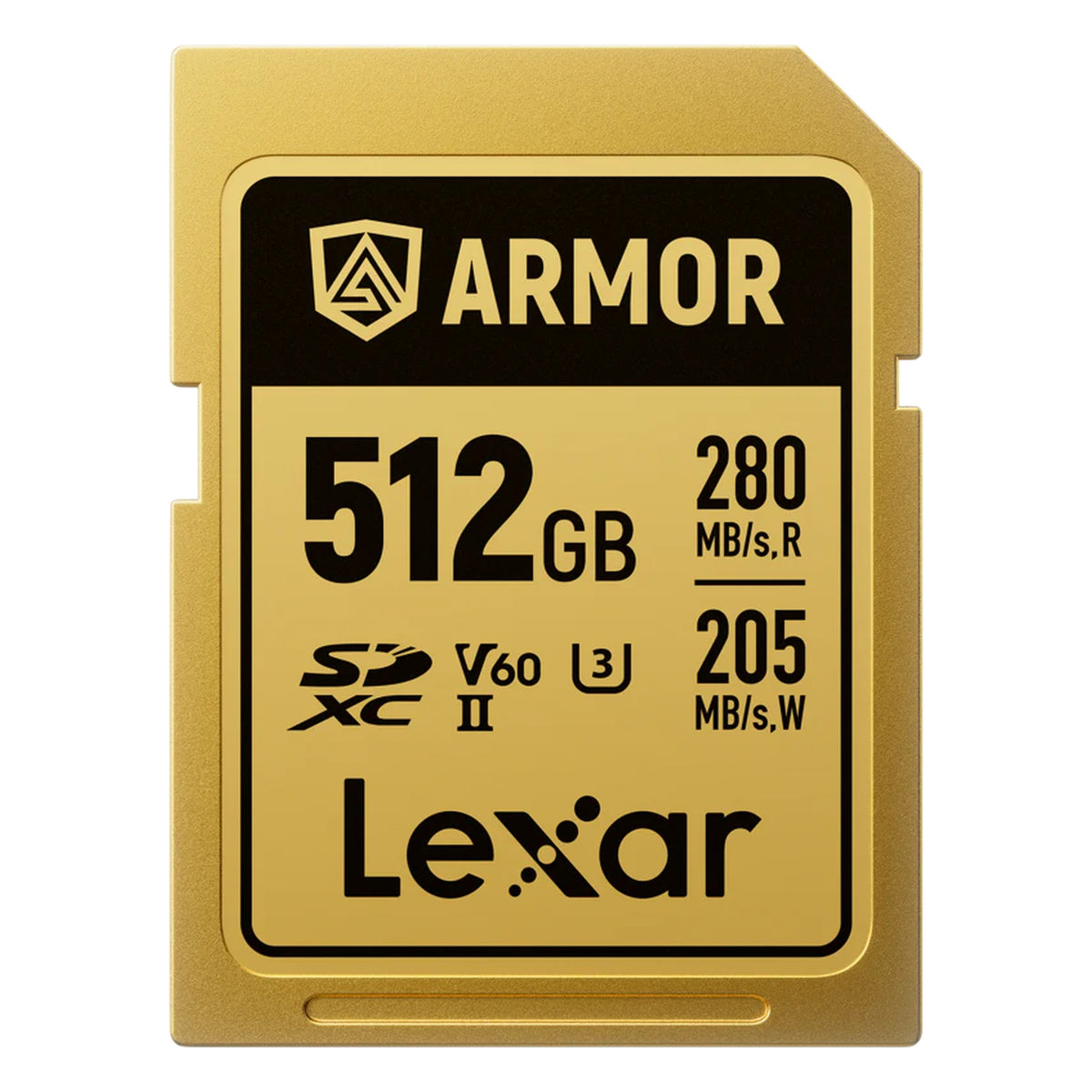 Lexar SDXC ARMOR Gold UHS-II U3, Stainless Steel, IP68 R280/W210 (V60) Memory Card, close-up.