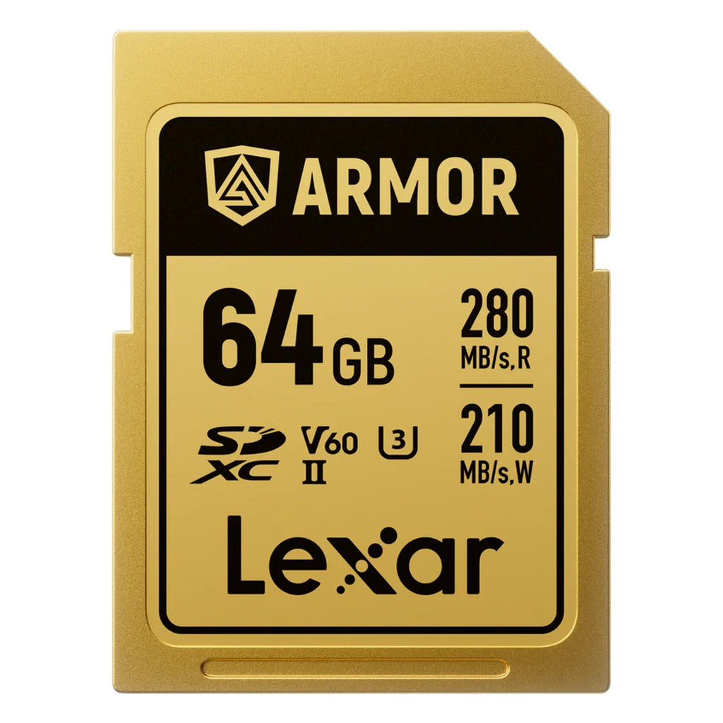 Lexar SDXC ARMOR Gold UHS-II U3, Stainless Steel, IP68 R280/W210 (V60) Memory Card, front view.