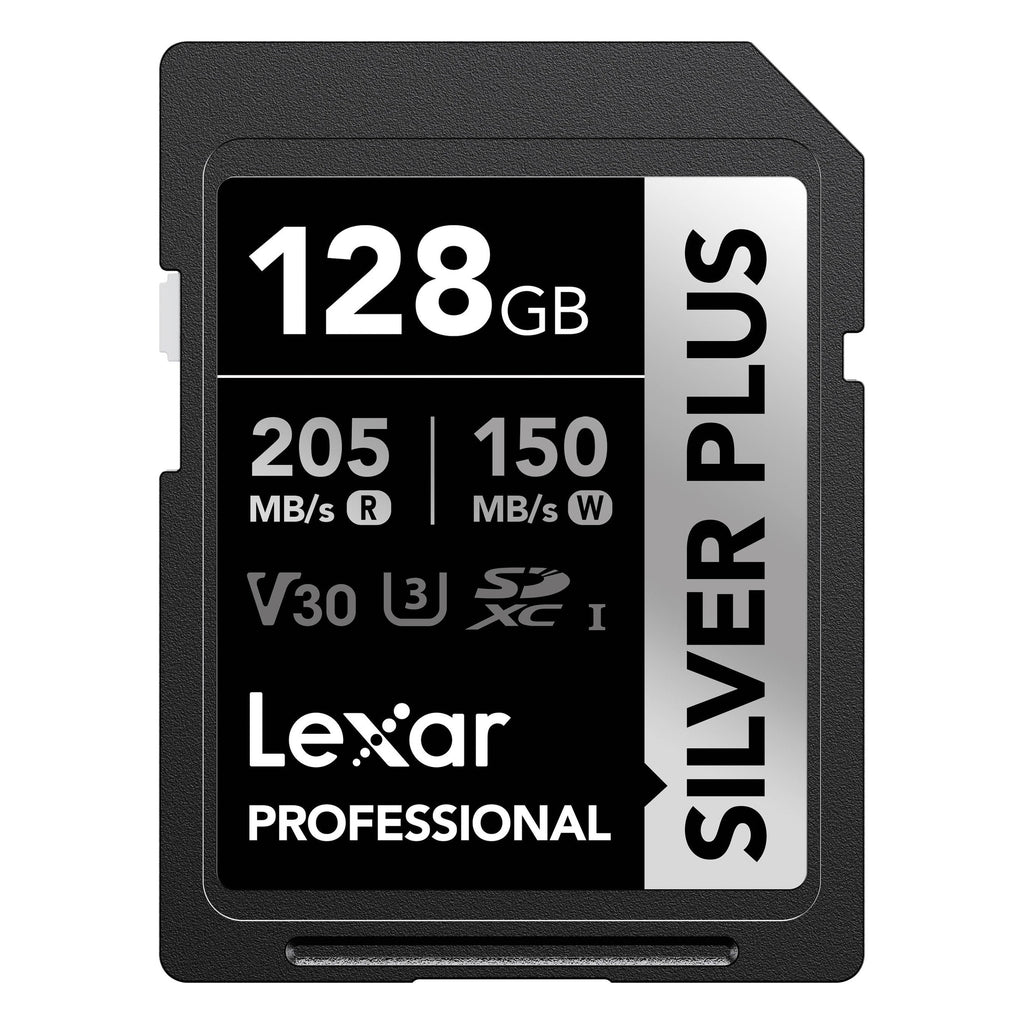 Lexar SDXC Silver Plus 1066X UHS-I U3 memory card with V30 speed class, silver design, and capacity details visible.
