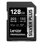 Lexar SDXC Silver Plus 1066X UHS-I U3 memory card with V30 speed class, silver design, and capacity details visible.
