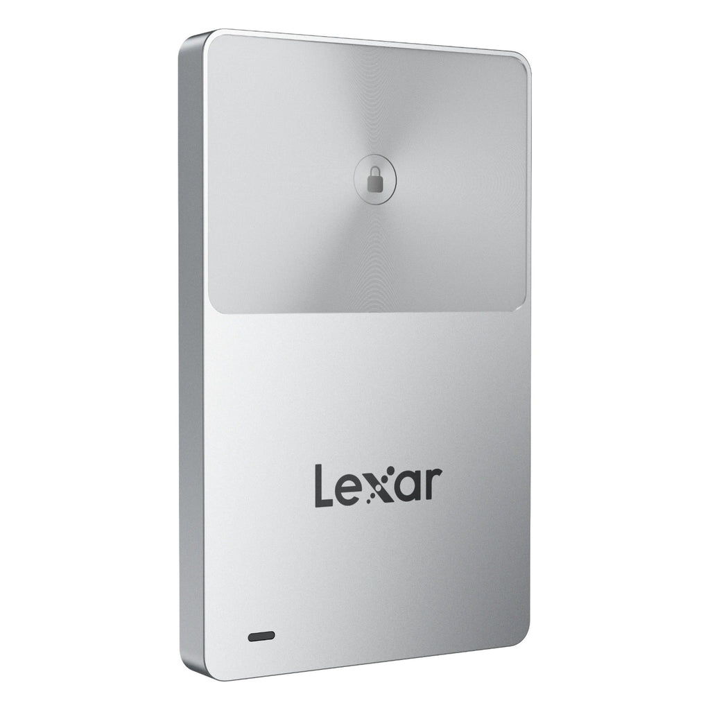 Lexar TouchLock Portable SSD external drive with sleek black design and secure fingerprint lock system.