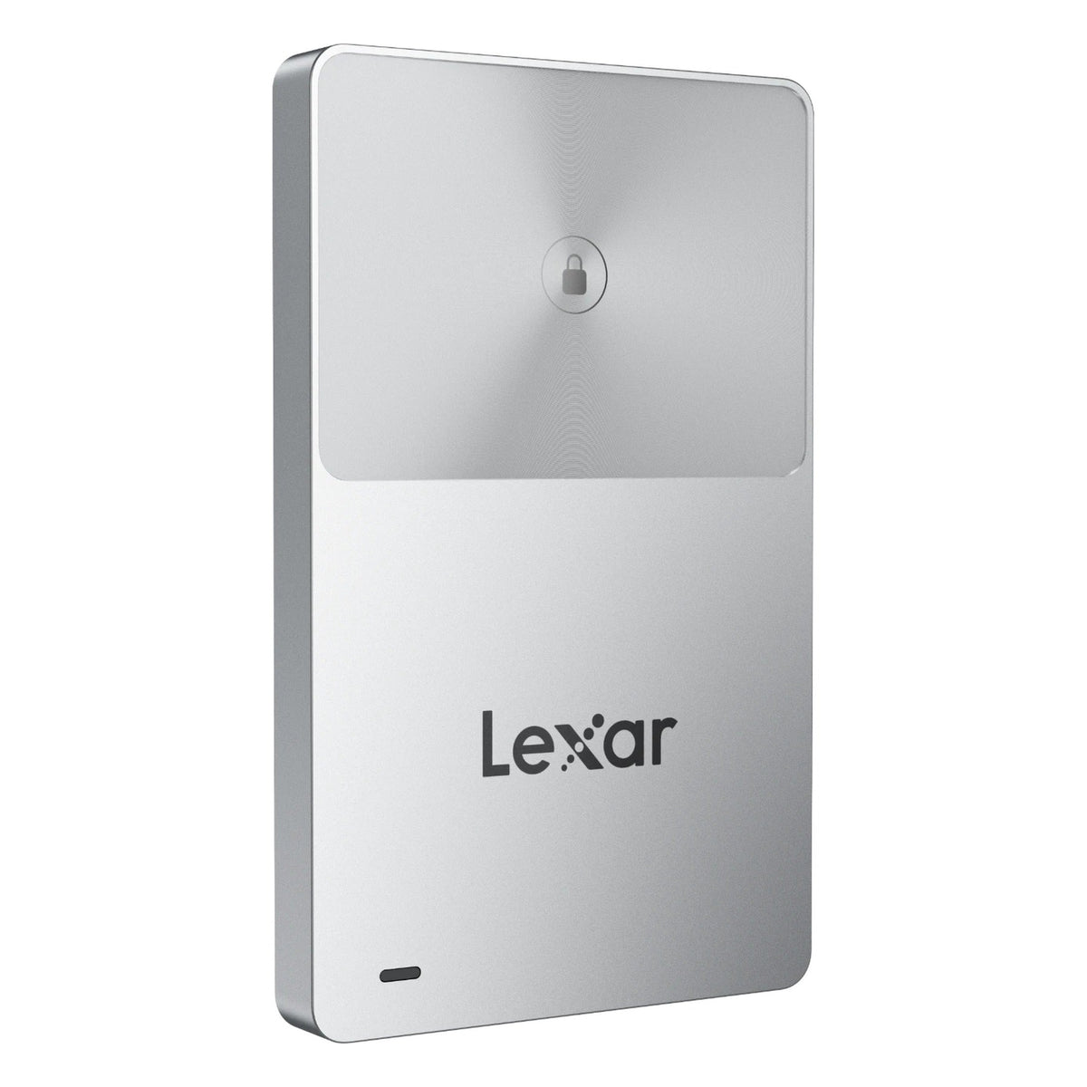Lexar TouchLock Portable SSD external drive with sleek black design and secure fingerprint lock system.