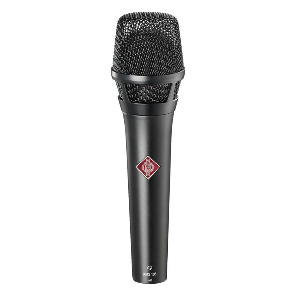 Black Neumann KMS 105 condenser microphone with a sleek design, ideal for professional vocal and instrument recording.