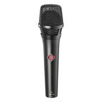Black Neumann KMS 105 condenser microphone with a sleek design, ideal for professional vocal and instrument recording.